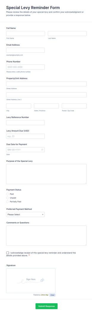 Special Levy Reminder Form Template