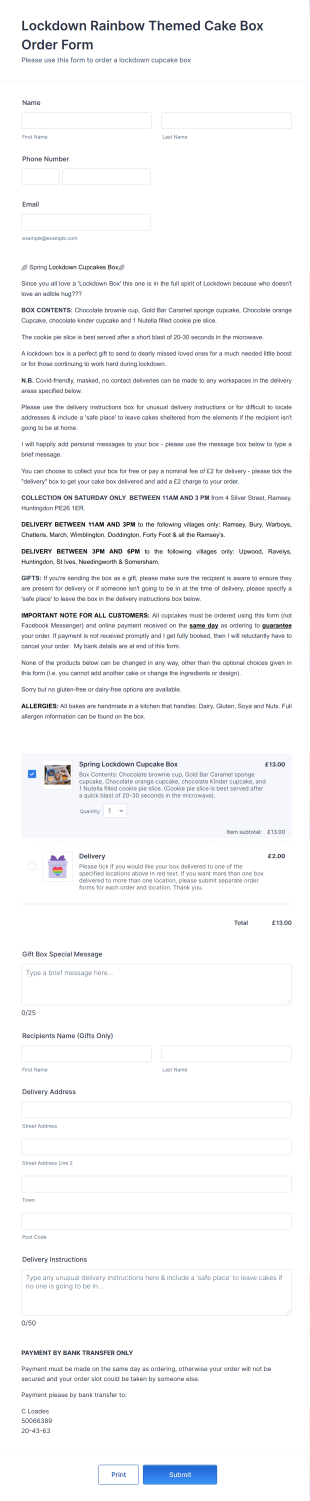 Cupcake Box Order Form Template
