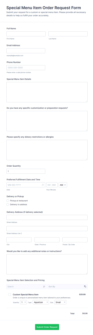 Special Menu Item Order Request Form Template