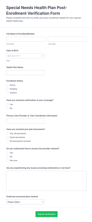 Special Needs Health Plan Post Enrollment Verification Form Template