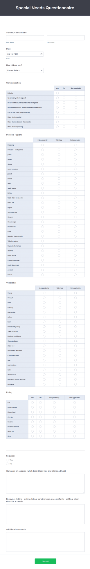 Special Needs Questionnaire Form Template