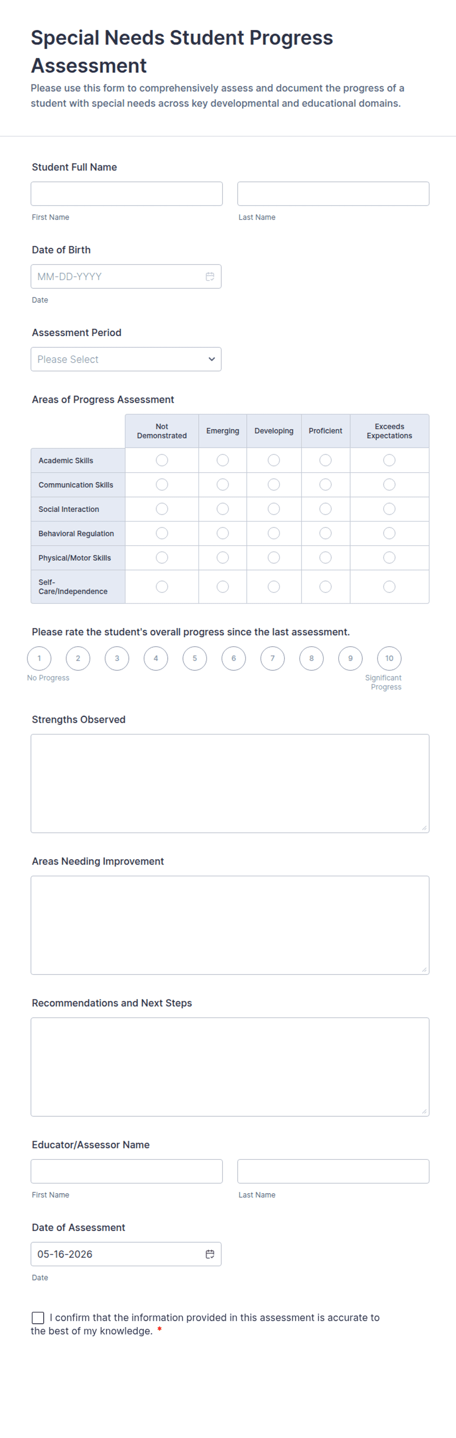 Assessment In Progress Special Needs Student Progress Assessment Form Template | Jotform