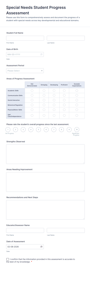 Special Needs Student Progress Assessment Form Template
