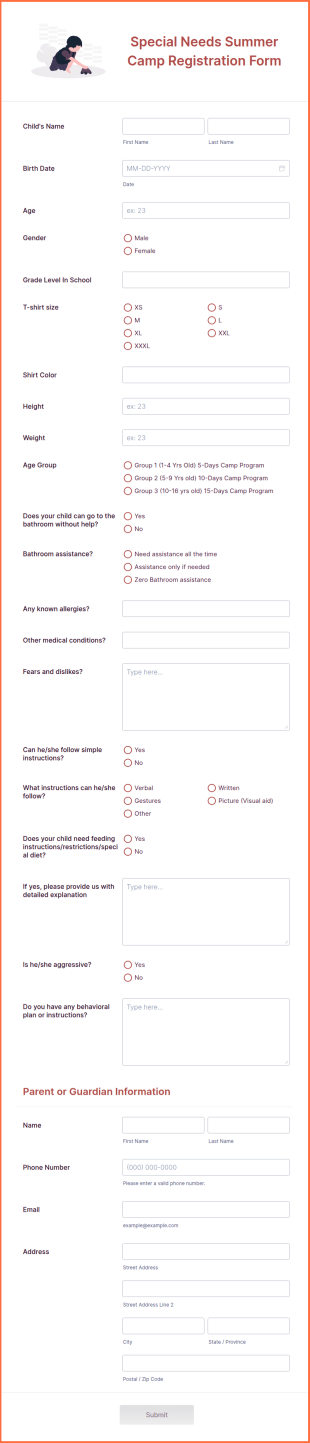 Special Needs Summer Camp Registration Form Template