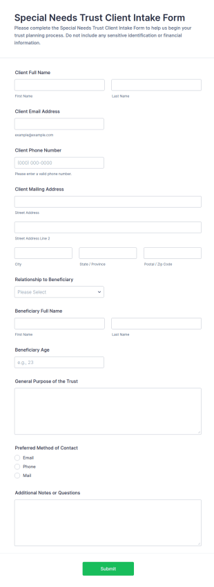 Special Needs Trust Client Intake Form Template