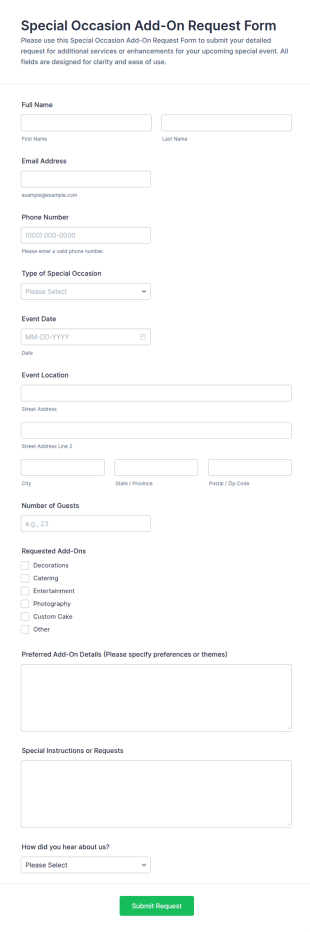 Special Occasion Add On Request Form Template
