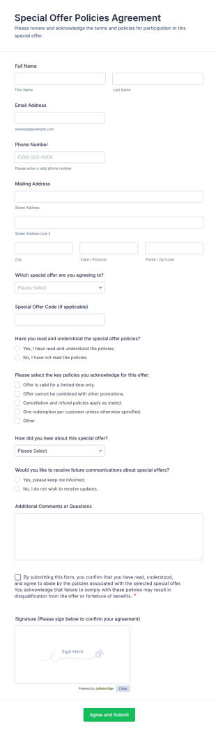 Special Offer Policies Agreement Form Template