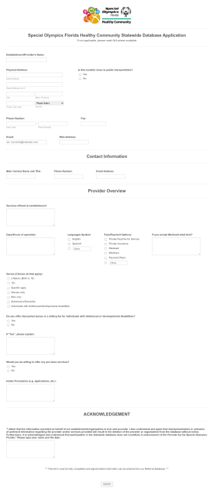 Special Olympics Florida Statewide Database Application Form Template