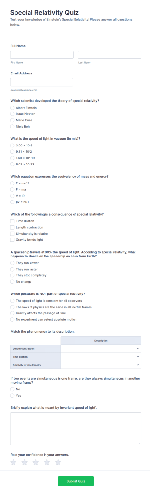 Special Relativity Quiz Form Template