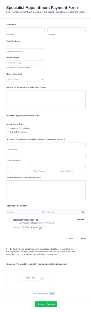 Specialist Appointment Payment Form Template