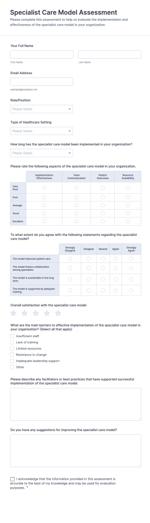Specialist Care Model Assessment Form Template