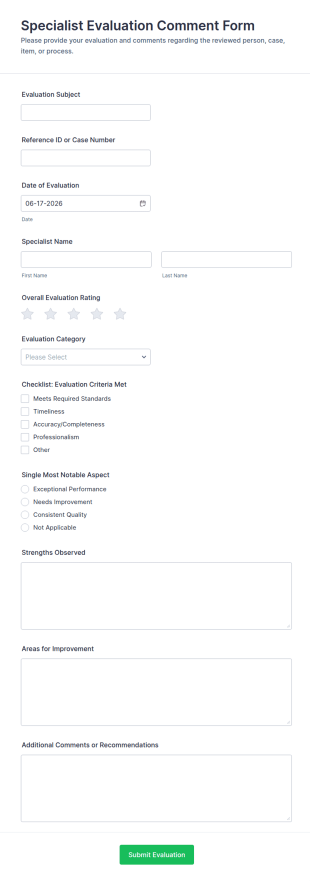 Specialist Evaluation Comment Form Template