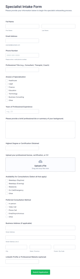 Specialist Intake Form Template