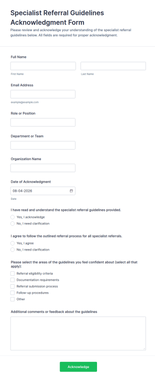 Specialist Referral Guidelines Acknowledgment Form Template