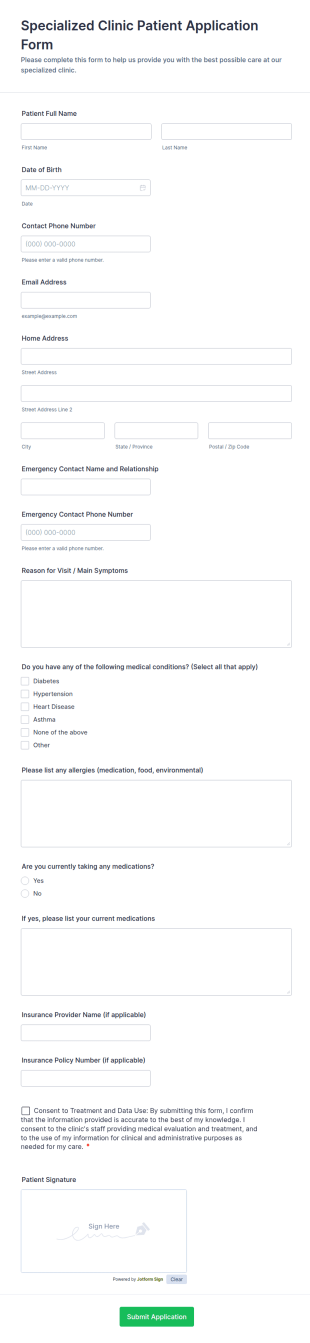 Specialized Clinic Patient Application Form Template