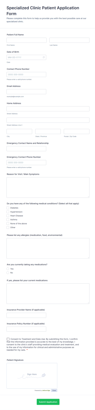 Specialized Clinic Patient Application Form Template