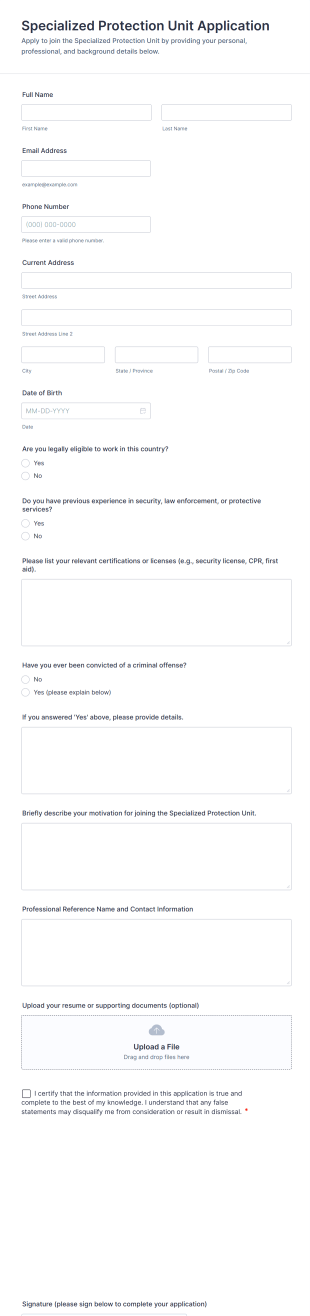 Specialized Protection Unit Application Form Template