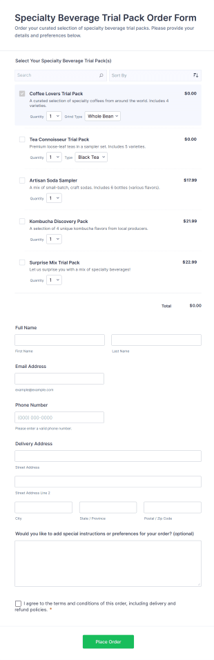 Specialty Beverage Trial Pack Order Form Template
