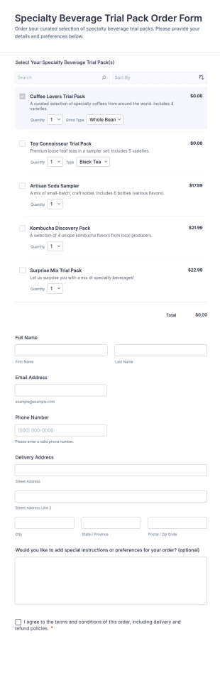 Specialty Beverage Trial Pack Order Form Template