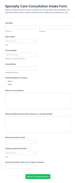 Specialty Care Consultation Intake Form Template