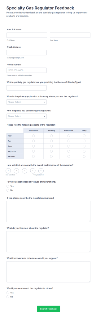 Specialty Gas Regulator Feedback Form Template