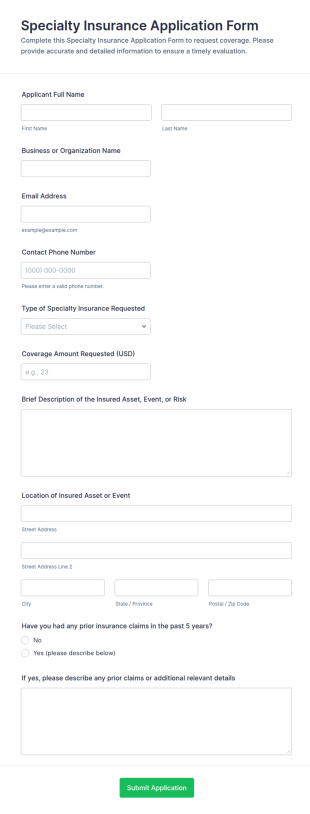 Specialty Insurance Application Form Template