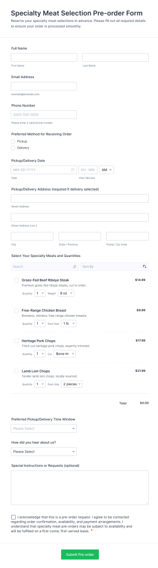 Specialty Meat Selection Pre Order Form Template