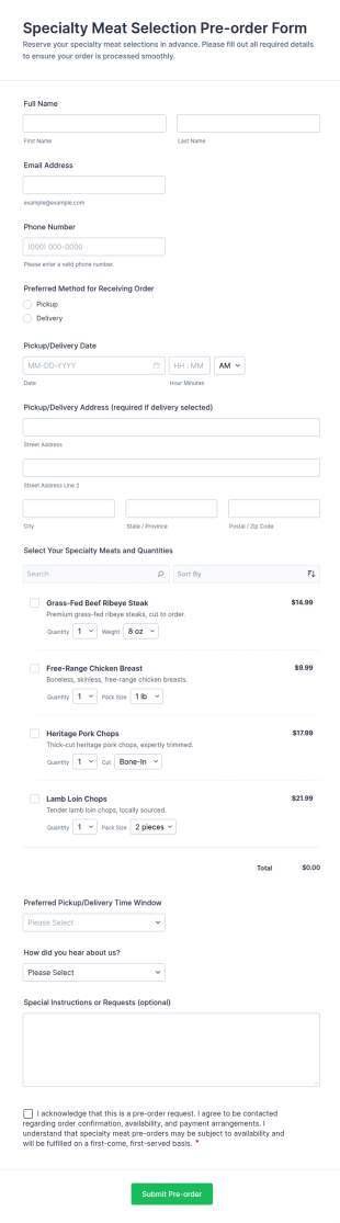 Specialty Meat Selection Pre Order Form Template