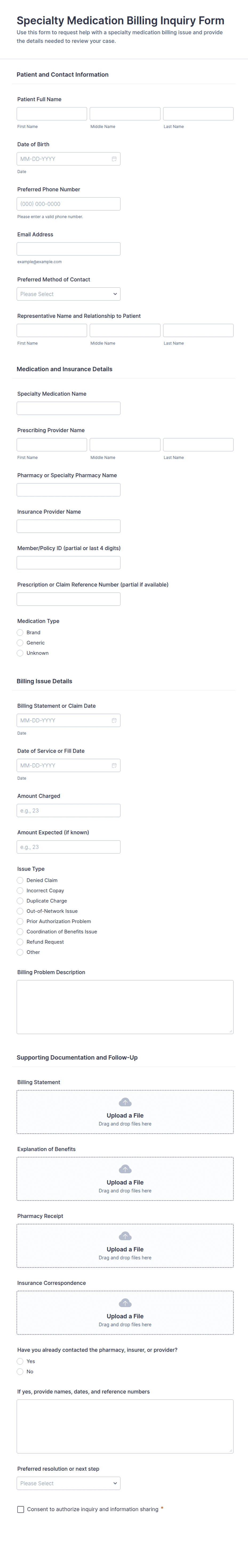 Specialty Medication Billing Inquiry Form Template | Jotform