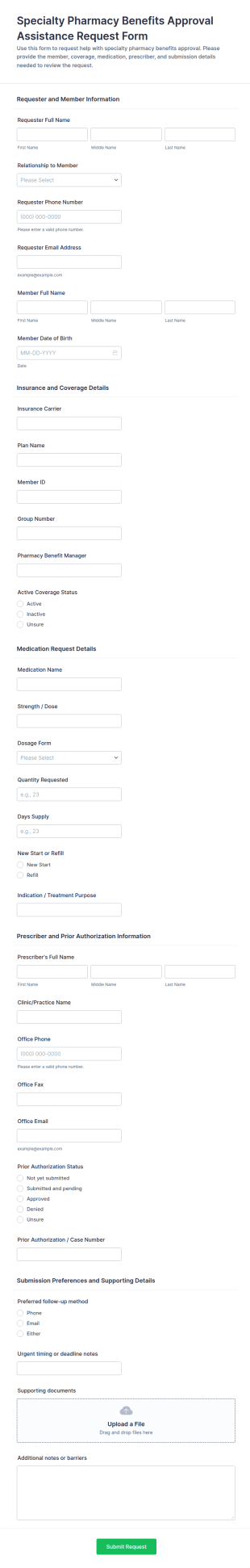 Specialty Pharmacy Benefits Approval Assistance Request Form Template