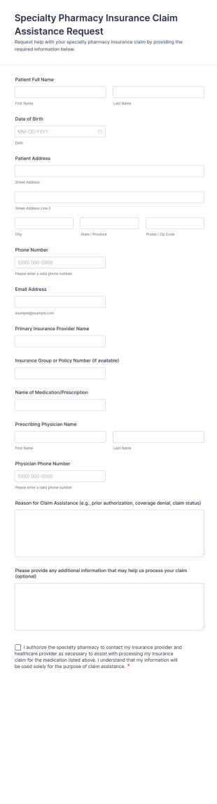 Specialty Pharmacy Insurance Claim Assistance Request Form Template