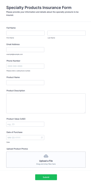 Specialty Products Insurance Form Form Template