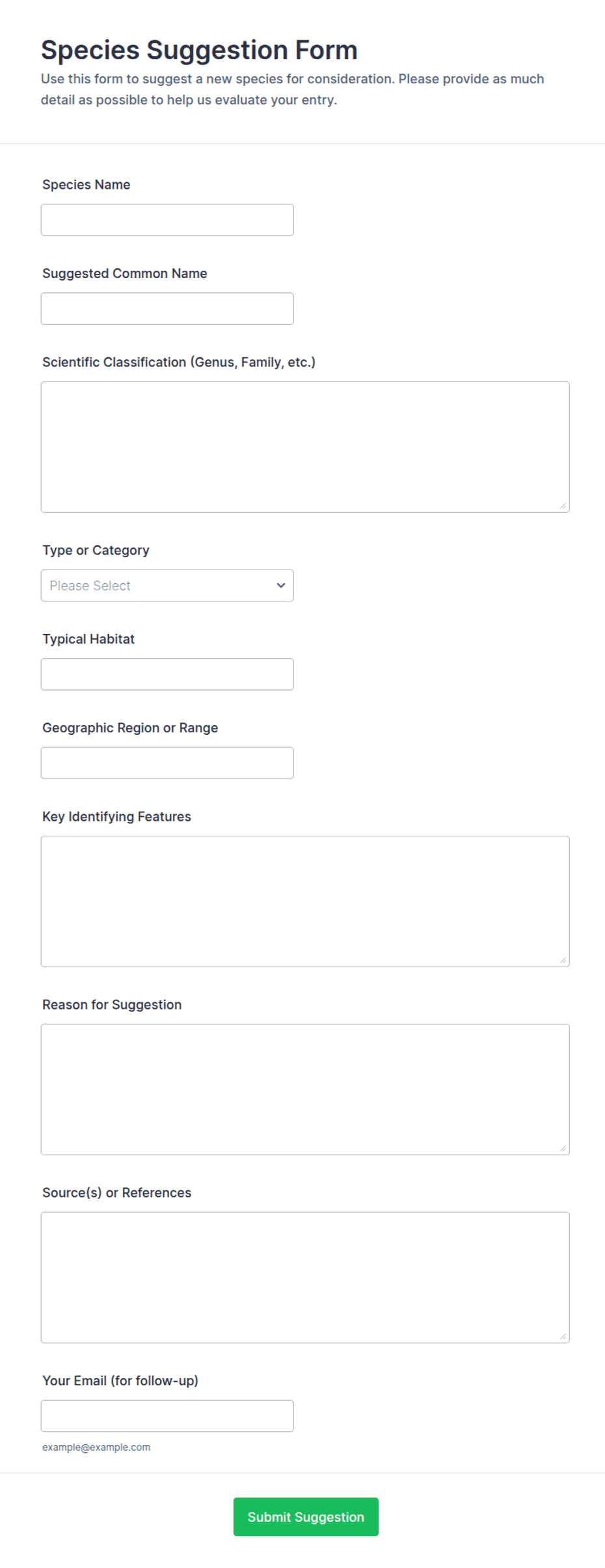 Species Suggestion Form Template | Jotform