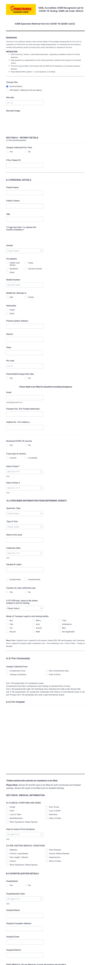 Specimen Referral Form For COVID 19