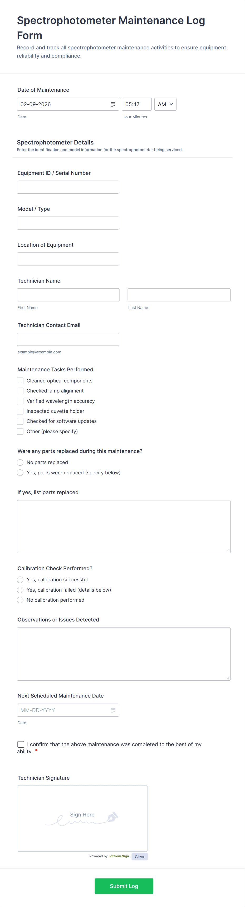 Spectrophotometer Maintenance Log Form Template | Jotform