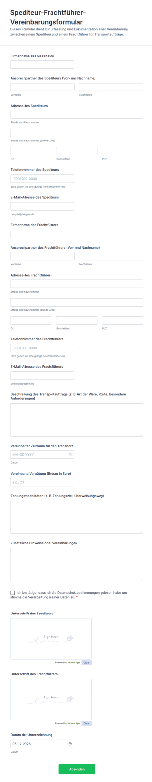 Spediteur Frachtführer Vereinbarungsformular