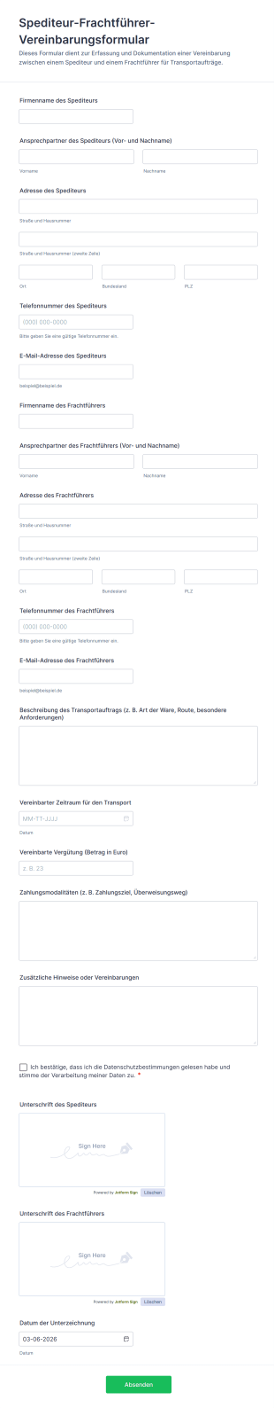 Spediteur Frachtführer Vereinbarungsformular