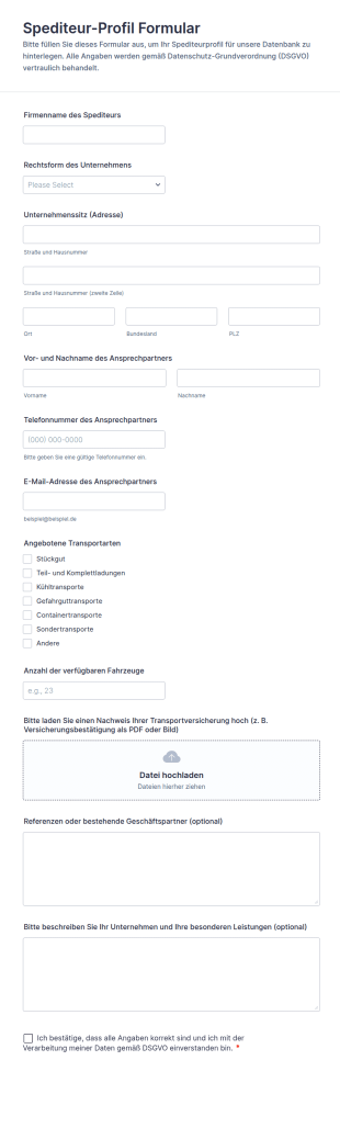 Spediteur Profil Formular