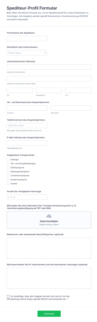 Spediteur Profil Formular