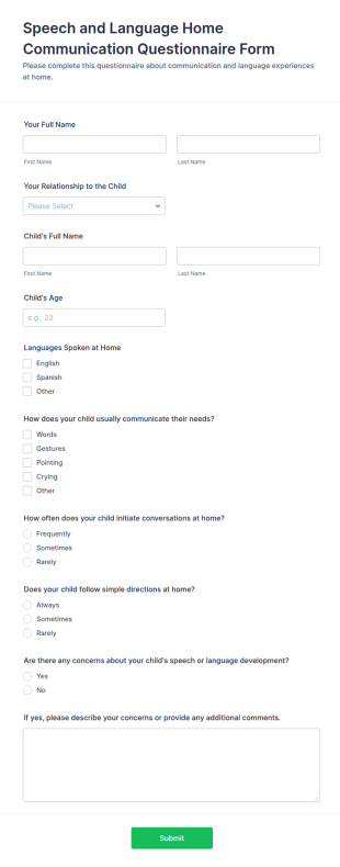 Speech And Language Home Communication Questionnaire Form Template