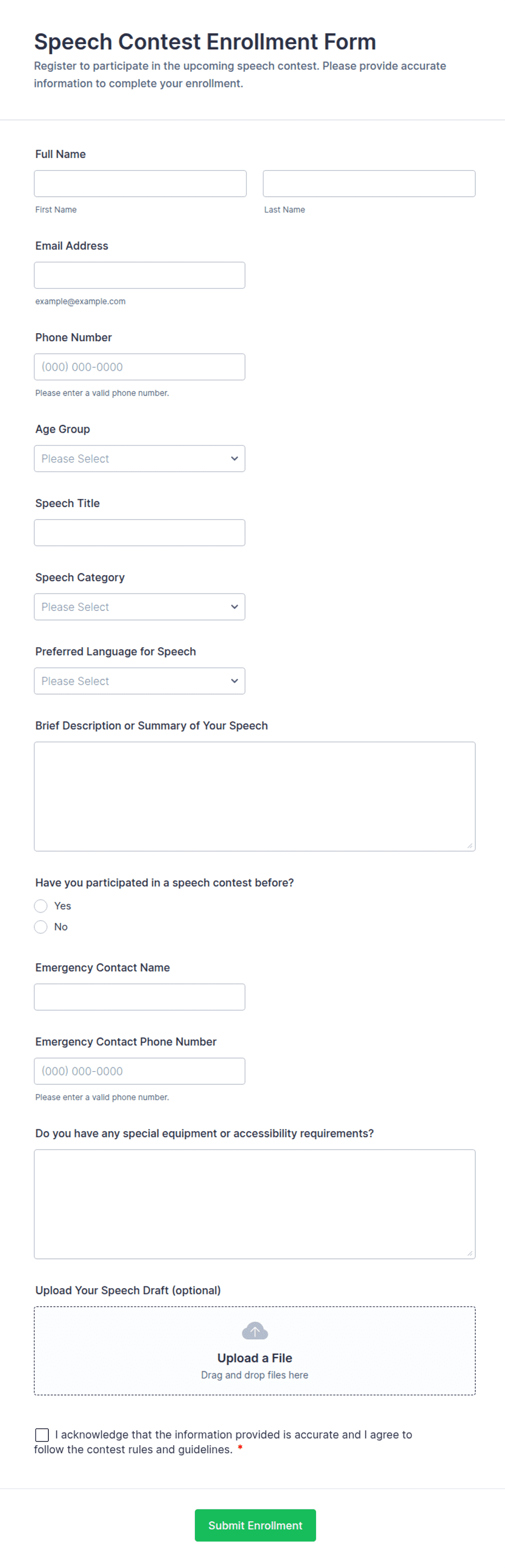 Speech Contest Enrollment Form Template | Jotform