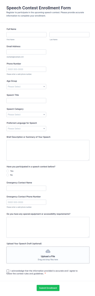 Speech Contest Enrollment Form Template