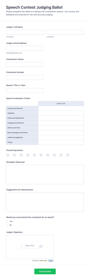 Speech Contest Judging Ballot Form Template