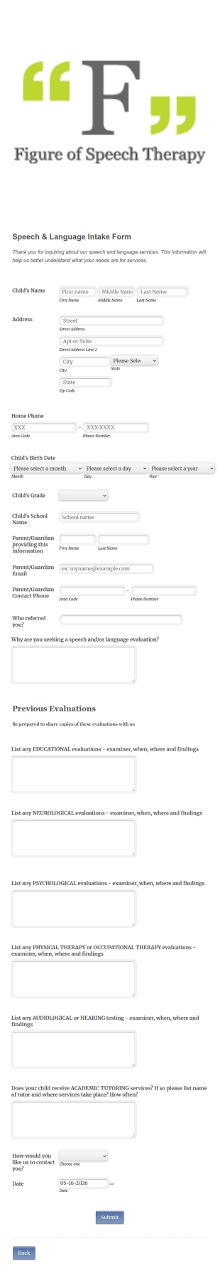 Speech And Language Service Intake Form Template