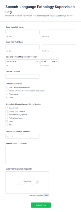 Speech Language Pathology Supervision Log Form Template