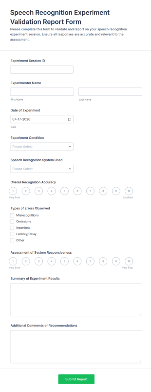Speech Recognition Experiment Validation Report Form Template