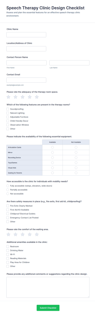 Speech Therapy Clinic Design Checklist Form Template