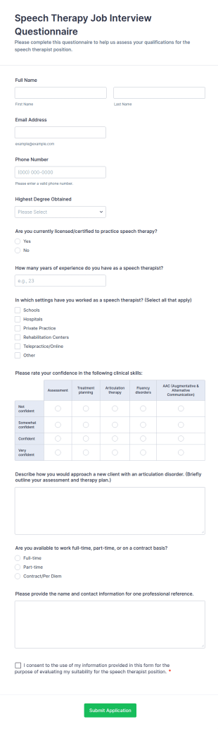 Speech Therapy Job Interview Questionnaire Form Template