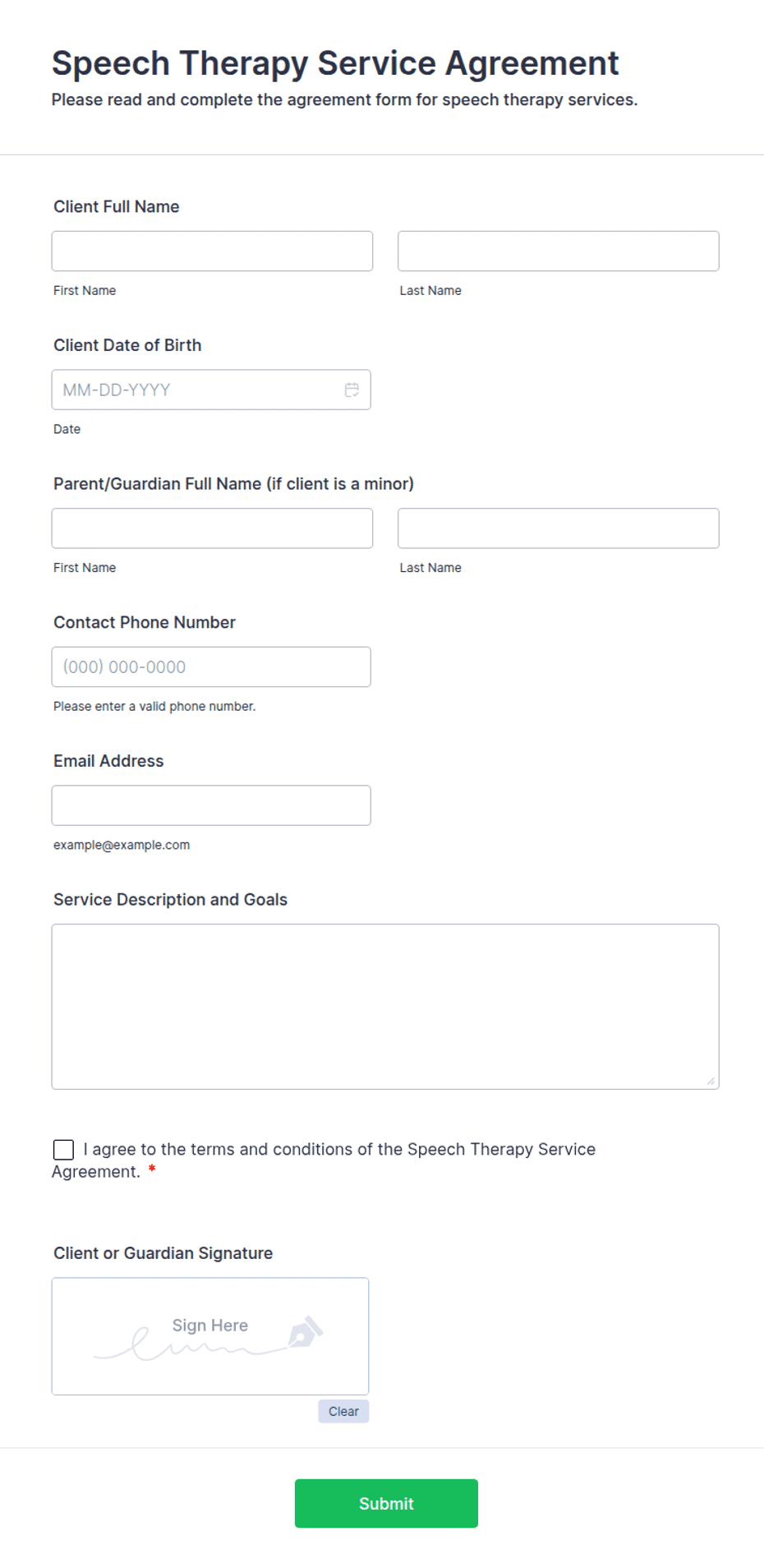 Speech Therapy Service Agreement Form Template | Jotform