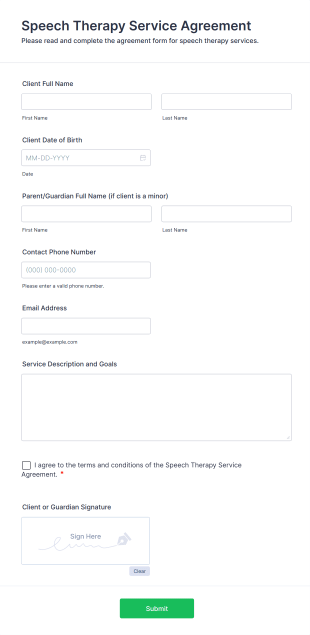 Speech Therapy Service Agreement Form Template